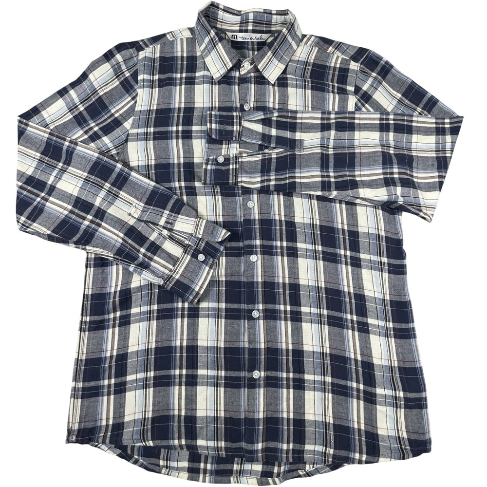 TravisMathew Button Down Mens L Blue Plaid Cotton Long Sleeve Flannel Shirt